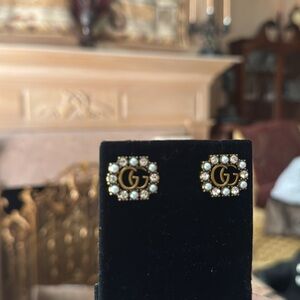 Gucci  antique  Gold tone Crystal and pearls Double G Stud Earrings